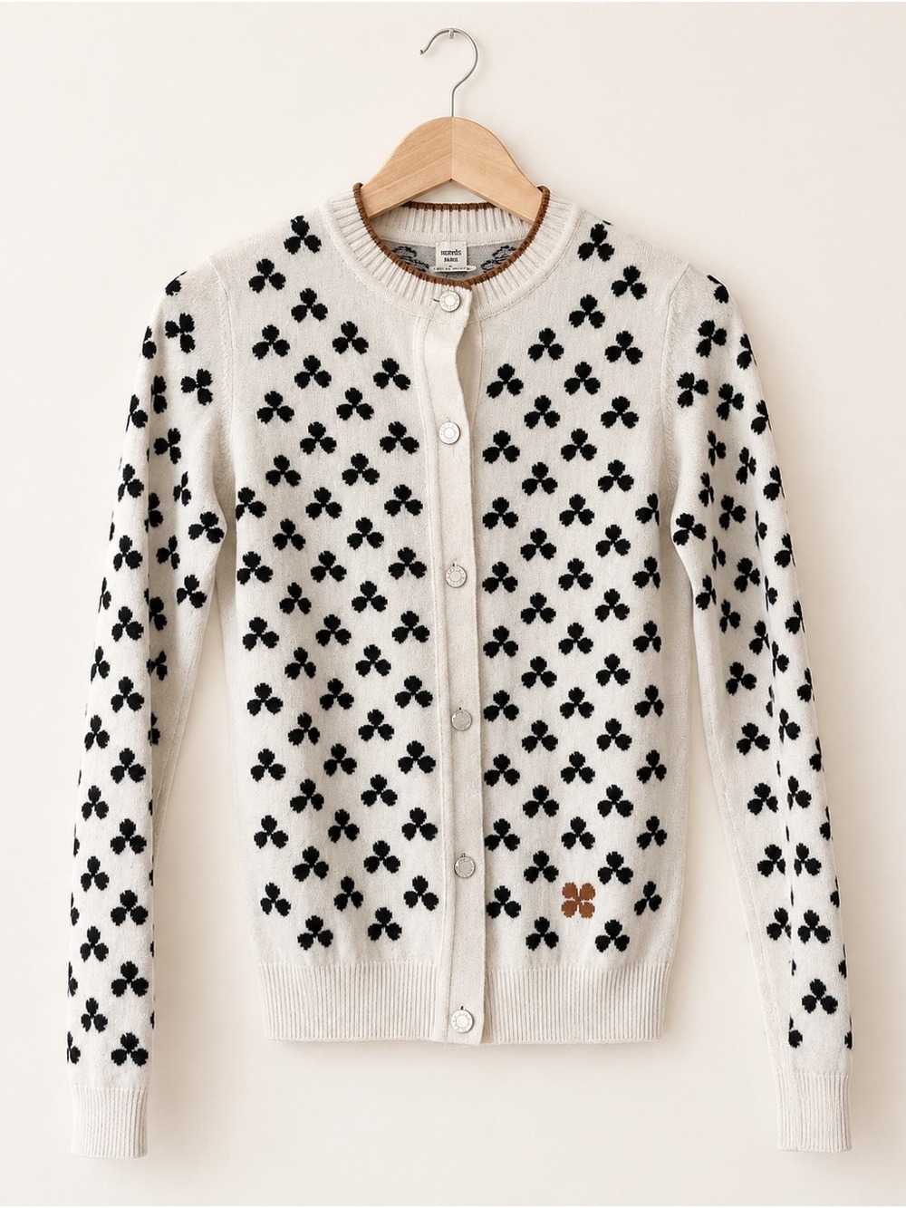 Hermès Clover Motif 100% Cashmere Cardigan Ivory 34 - Picture 1 of 8
